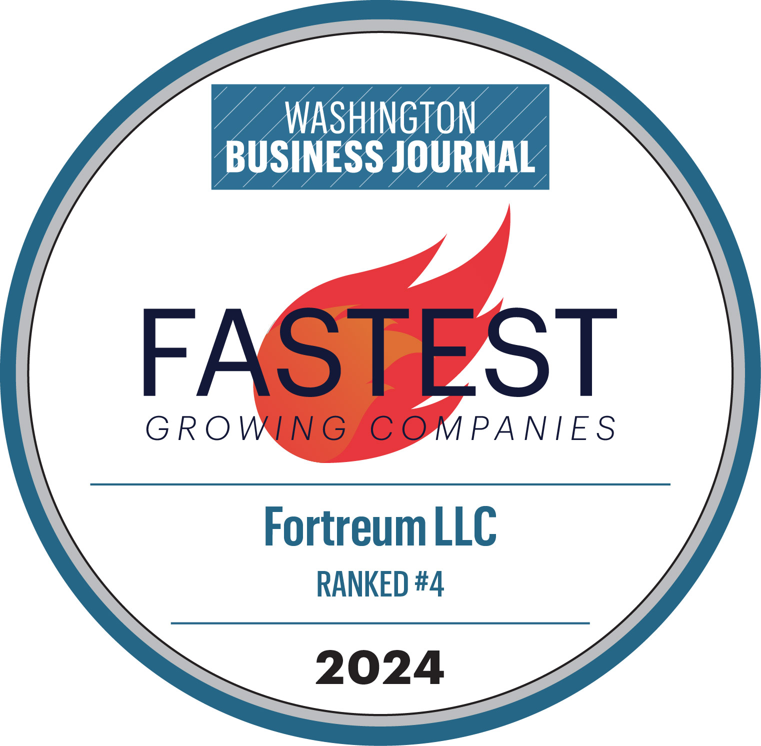 Washington Business Journal 2024 Fastest Growing Companies badge ranking Fortreum LLC at #4.