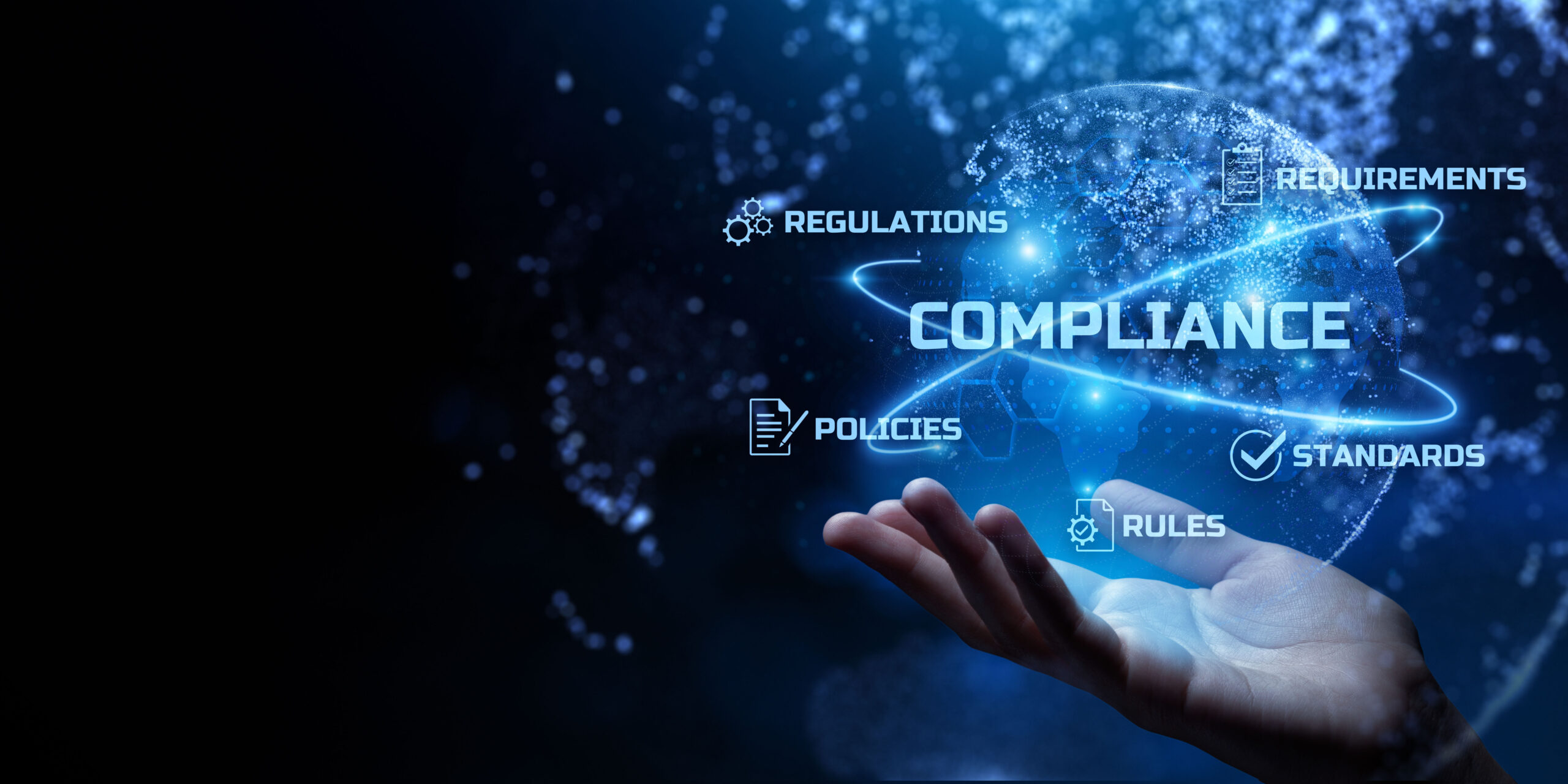 Hand holding a digital globe with Compliance text surrounded by icons for regulations, requirements, policies, rules, and