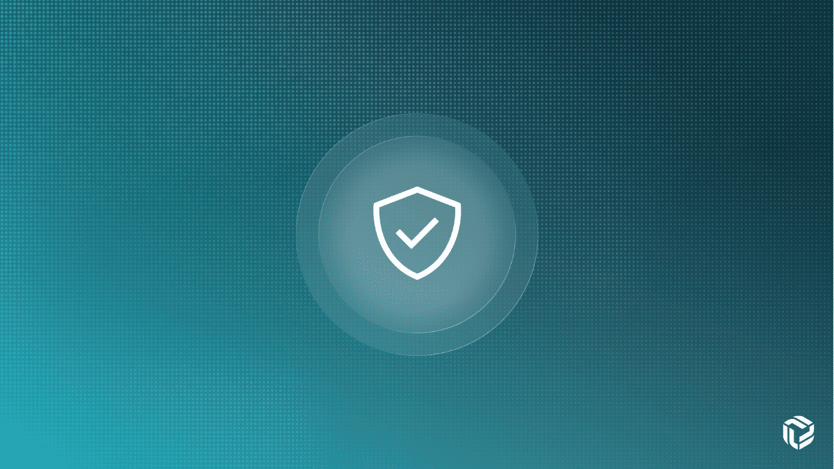 Shield icon with a checkmark centered on a teal gradient background, symbolizing cybersecurity compliance and protection.