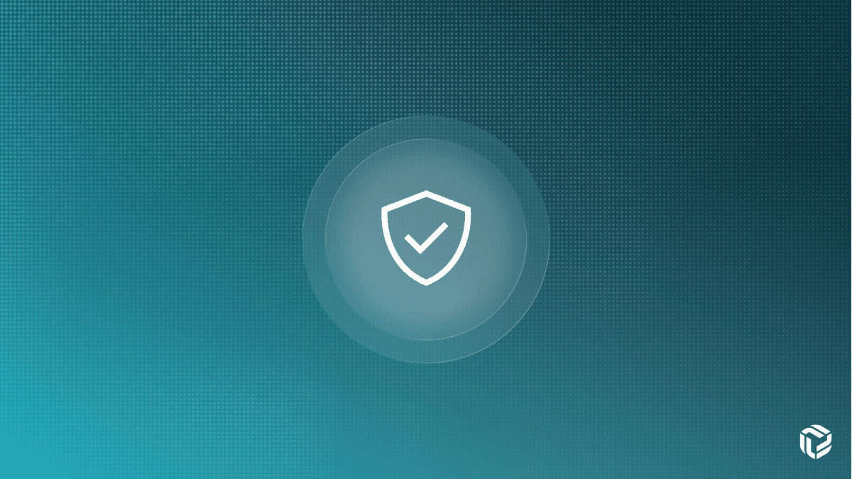 White shield icon with checkmark inside concentric circles on a teal dotted background, symbolizing cybersecurity compliance.