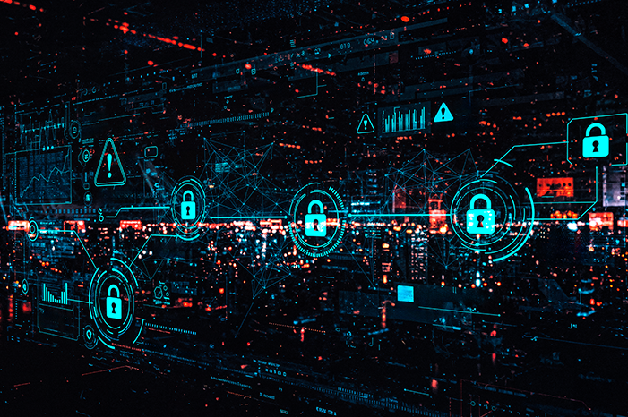 Cybersecurity concept with glowing padlock icons and warning symbols overlaid on a dark digital cityscape network.