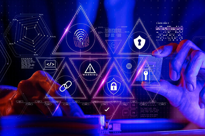 Hands interacting with a futuristic cybersecurity interface featuring triangular icons of locks, fingerprints, and warning