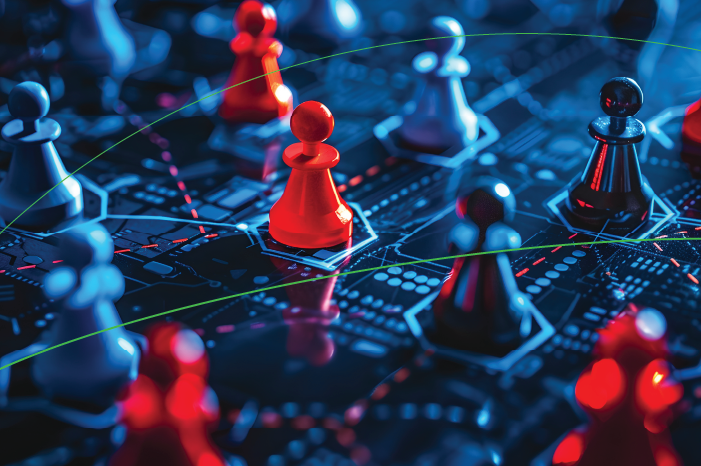 Red and blue chess pawns positioned on a circuit board with glowing green lines, symbolizing cybersecurity red team strategy.
