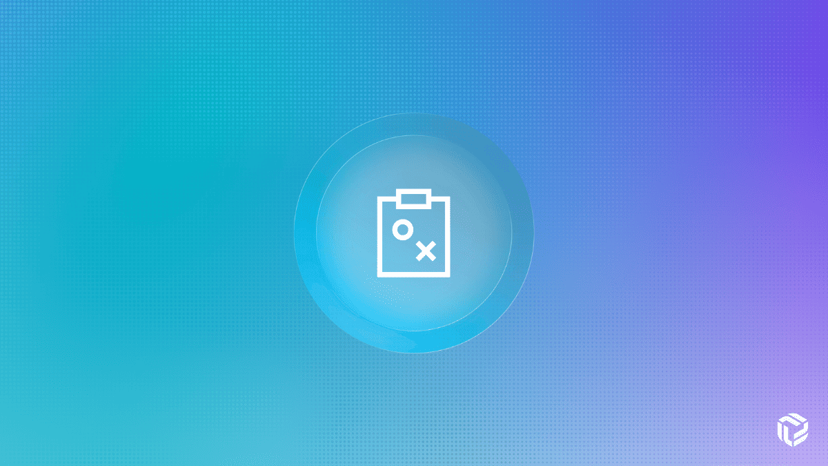Clipboard icon with checkmark and X symbols inside a glowing blue circle on a gradient blue-to-purple background.