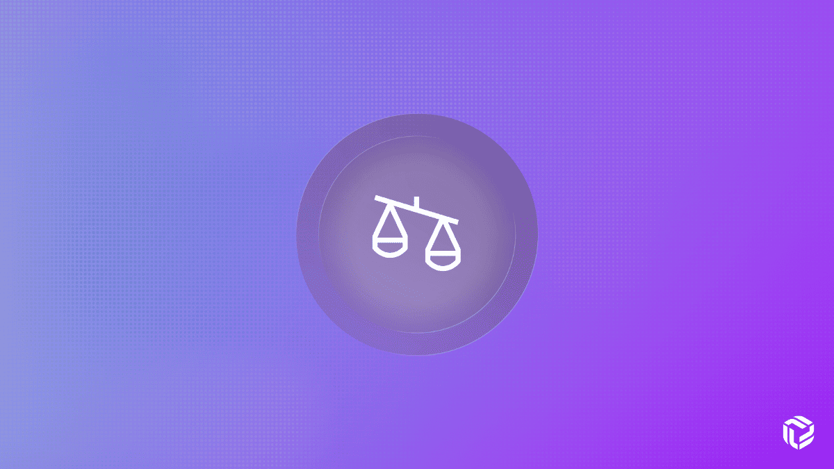 Unbalanced scales of justice icon centered within concentric circles on a purple gradient background, symbolizing compliance.