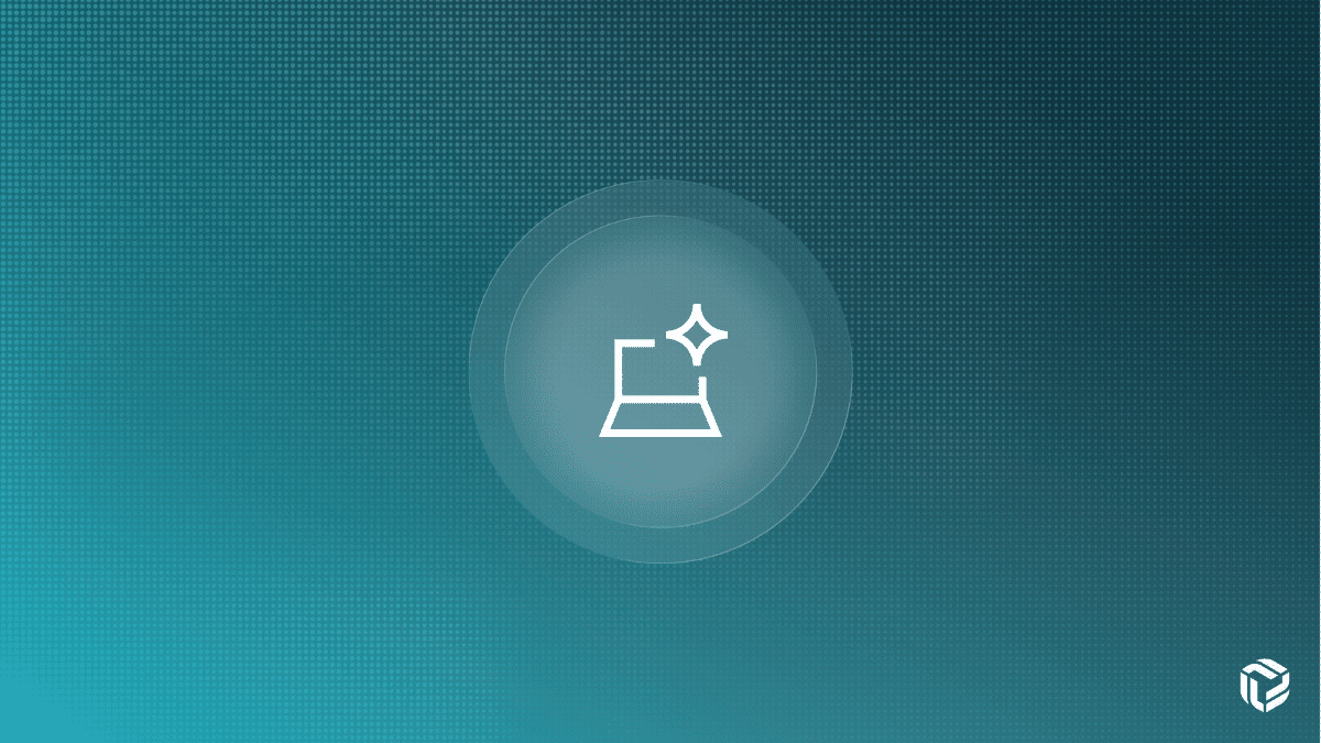Laptop icon with a sparkle inside concentric circles on a teal dotted background, with a cube logo in the corner.