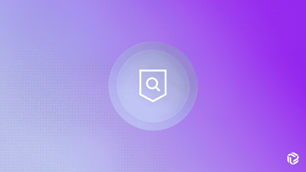 Shield icon with a magnifying glass centered on a purple gradient background, symbolizing cybersecurity assessment and