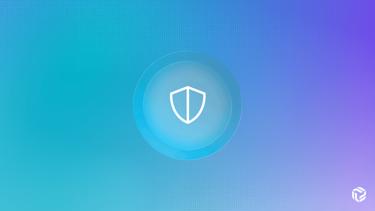 White shield icon centered within concentric circles on a teal-to-purple gradient background representing cybersecurity