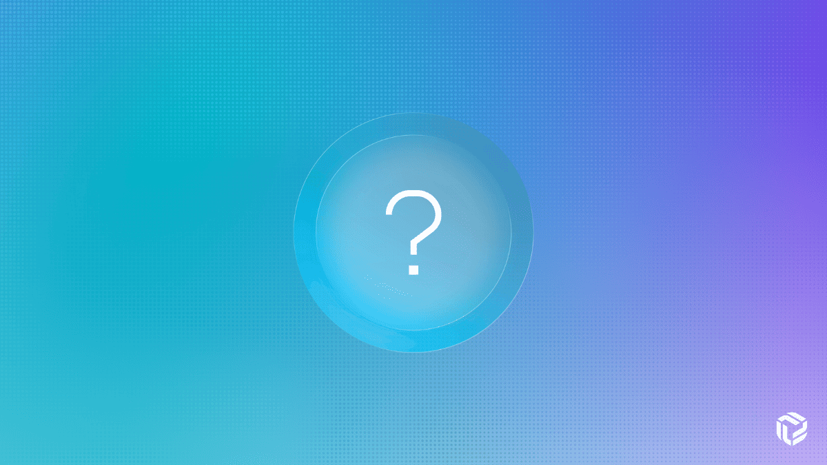 White question mark inside a glowing circular badge on a blue-to-purple gradient background with a small cube logo.