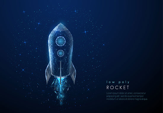 Low poly geometric rocket launching against a dark blue starry background with placeholder text reading "Low Poly Rocket."