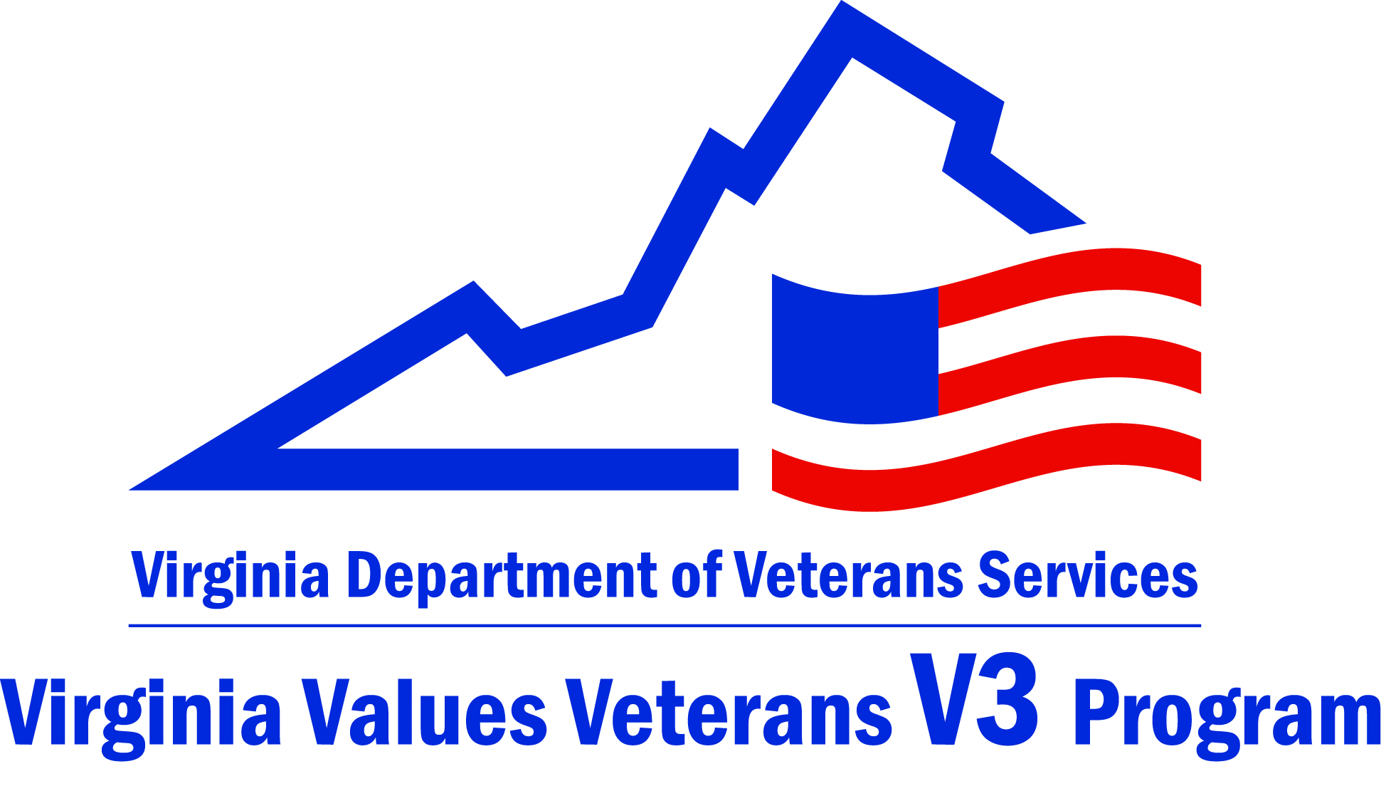 Virginia Department of Veterans Services V3 Program logo featuring blue mountains and an American flag.