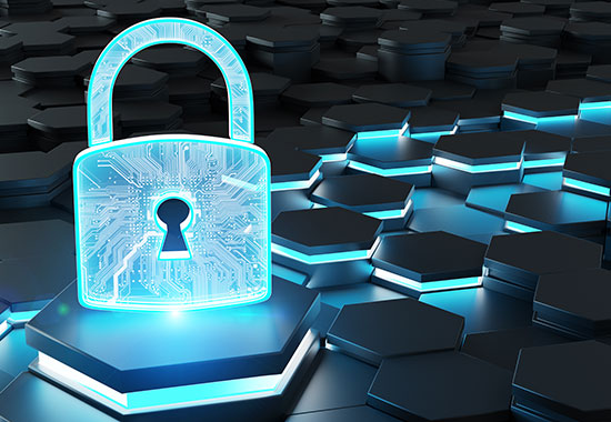 Glowing blue digital padlock with circuit patterns sits atop a hexagonal tech surface, symbolizing cybersecurity and data