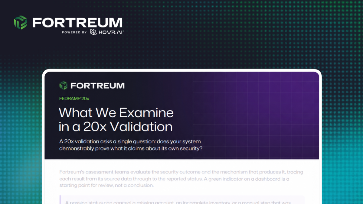 Fortreum branded document titled "What We Examine in a 20x Validation" explaining FedRAMP 20x security assessment