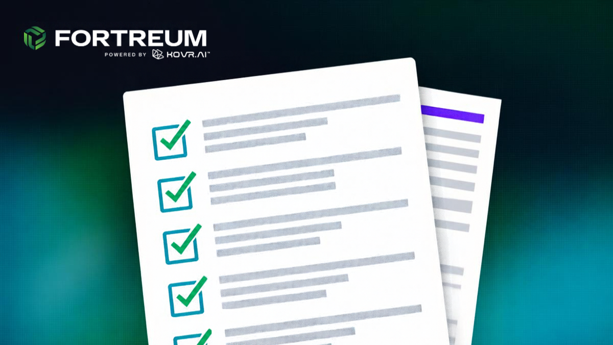Checklist document with green checkmarks beside task lines, displayed with the Fortreum logo powered by Kovr.ai.