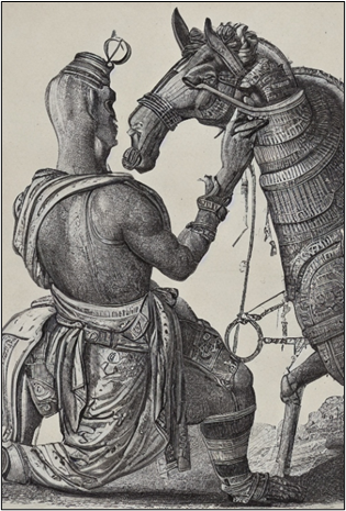 Detailed engraving of an ancient Egyptian figure in traditional attire tending to an armored horse with ornate bridle.