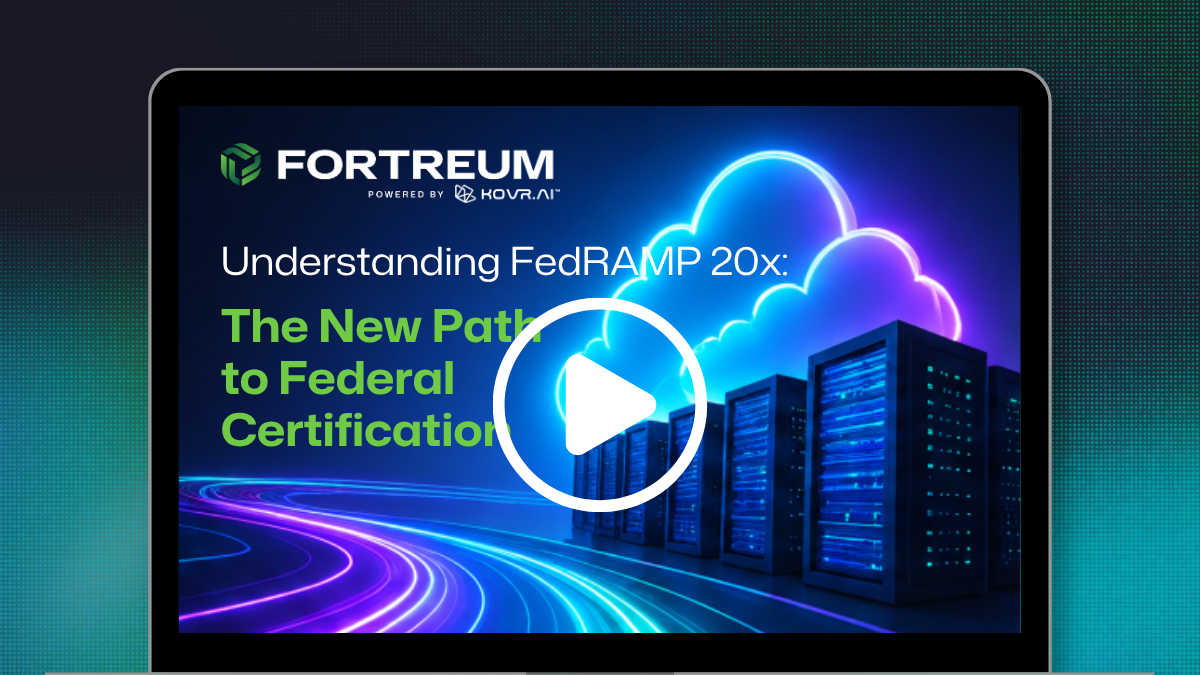 Fortreum webinar video thumbnail titled "Understanding FedRAMP 20x: The New Path to Federal Certification" with cloud and