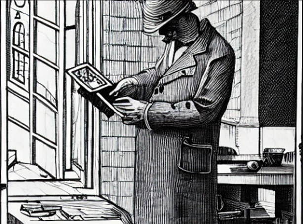 Black and white illustration of a detective in a trench coat and hat examining an open package near a window.