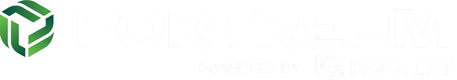 Fortreum co-branded logo in full color with a green cube emblem and "Powered by Kovr.ai" tagline in white.