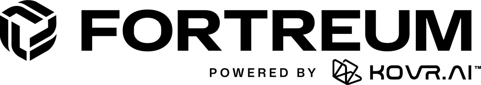 Black Fortreum co-branded logo featuring a hexagonal cube emblem with "Powered by KOVR.AI" text below.