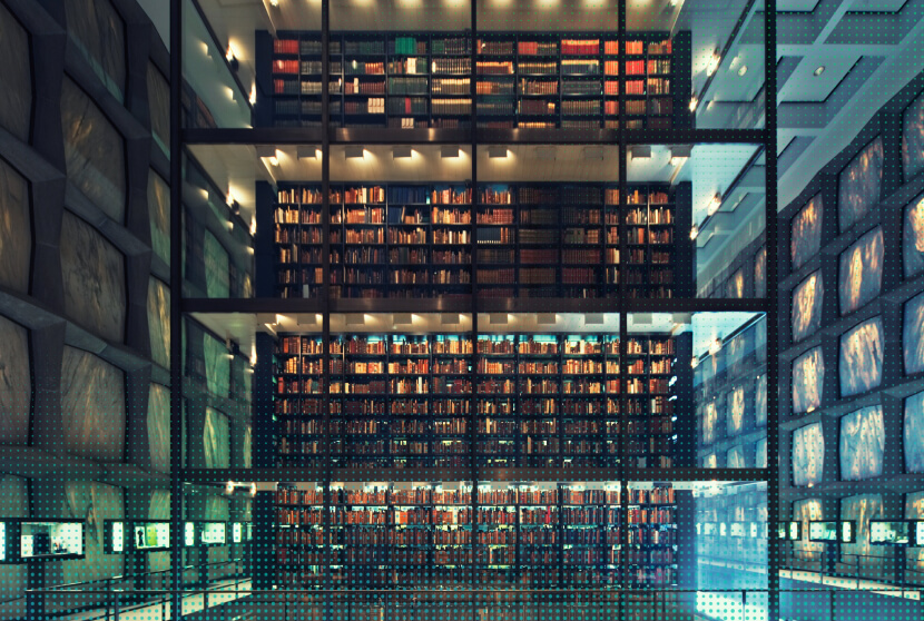 Towering multi-level library bookshelves filled with countless volumes behind a glass enclosure with marble walls.