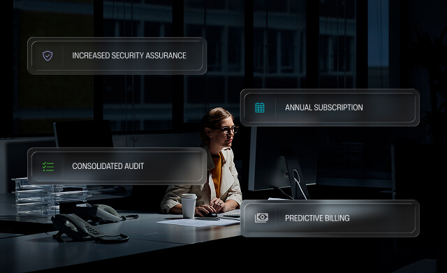 Woman at a computer in a dim office with overlaid icons highlighting security, audit, subscription, and billing features.