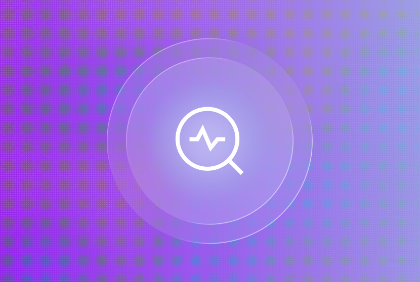 Magnifying glass icon with a heartbeat pulse line centered on a purple gradient background with concentric circles.