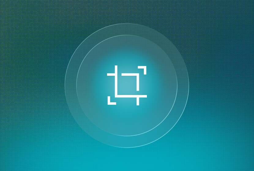 White crop tool icon centered within concentric circles on a teal gradient background with subtle dot pattern.