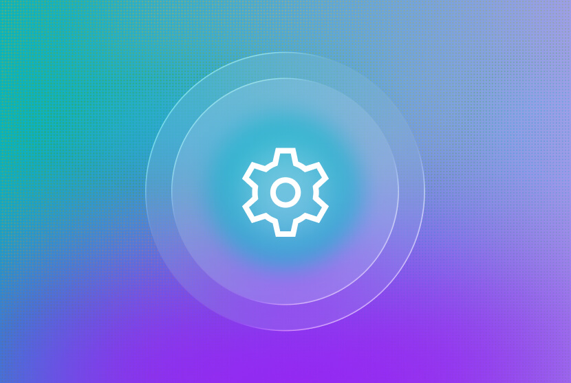 White gear icon centered within concentric translucent circles on a gradient teal and purple background.