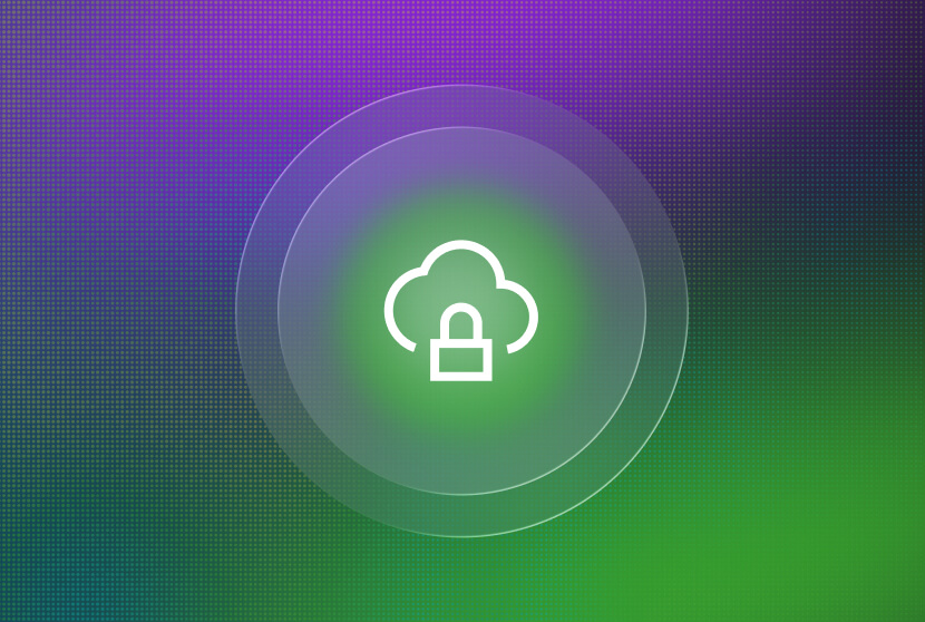 Cloud security icon with a padlock centered in concentric circles on a purple and green gradient background.