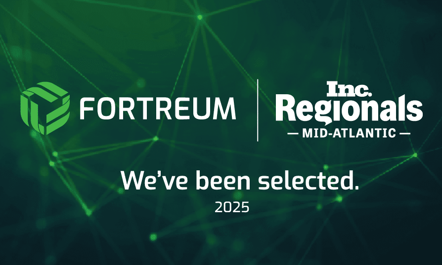 Fortreum logo alongside Inc. Regionals Mid-Atlantic 2025 announcement on a green network background.