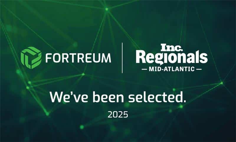 Fortreum logo paired with Inc. Regionals Mid-Atlantic 2025 announcement on a green network-patterned background.