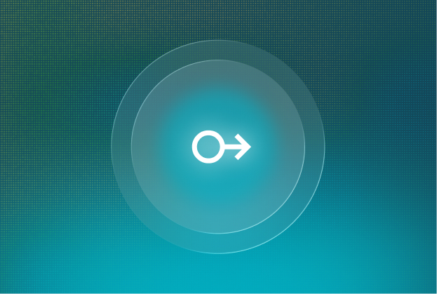 White circular icon with an arrow pointing right, centered within concentric rings on a teal gradient background.