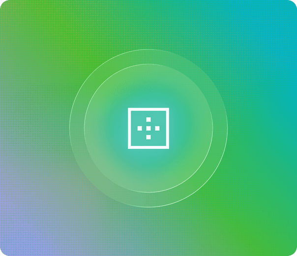 Square icon with directional dots centered within concentric circles on a green-to-blue gradient background representing