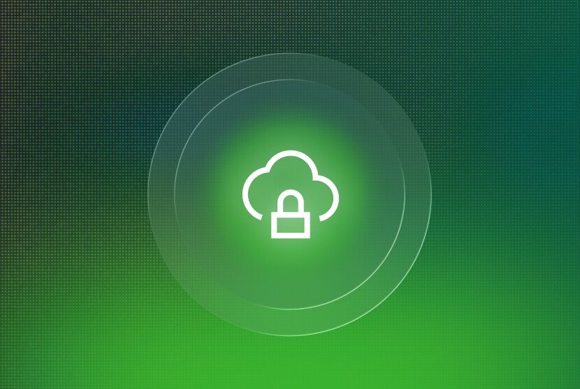 Cloud security icon with a padlock centered in a glowing green circular design on a dotted gradient background.