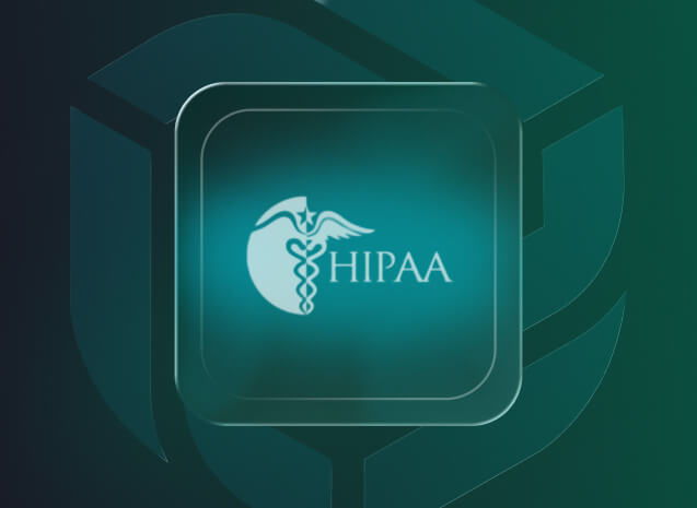 HIPAA compliance badge featuring a caduceus medical symbol on a teal gradient background with shield motifs.