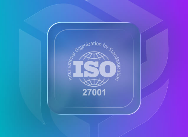 ISO 27001 certification badge displayed on a translucent square against a blue and purple gradient background.