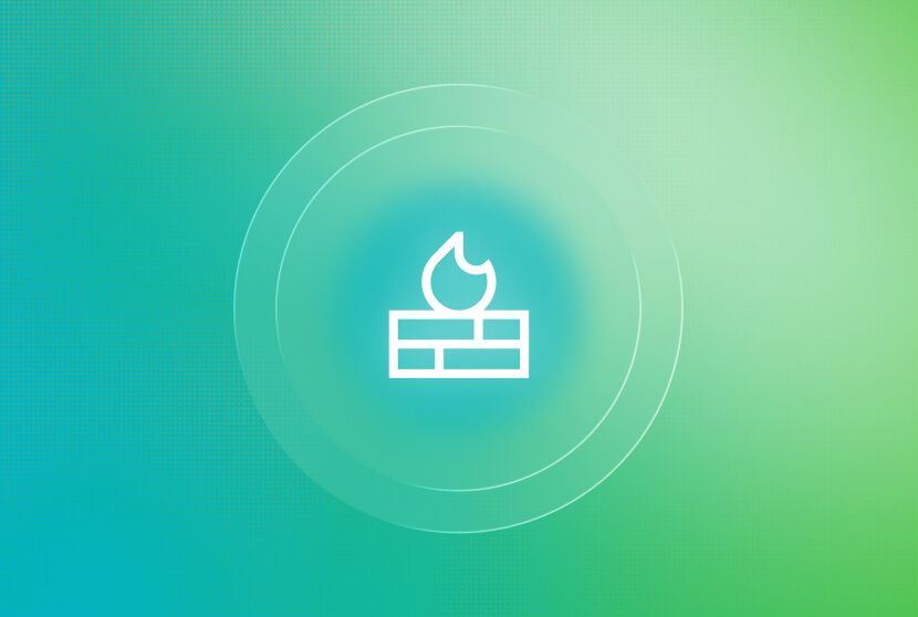 Firewall icon with flame above brick wall centered on a teal-to-green gradient background with concentric circles.
