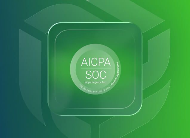 AICPA SOC certification badge for Service Organizations displayed on a green gradient background with shield motif.