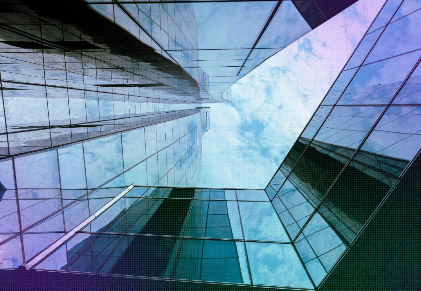 Upward view of modern glass skyscrapers reflecting clouds and sky, with a stylized blue and purple overlay effect.