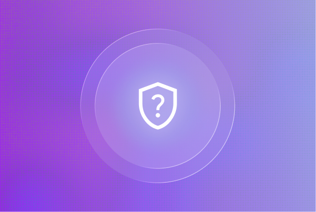 White shield icon with a question mark centered within concentric circles on a purple gradient background.