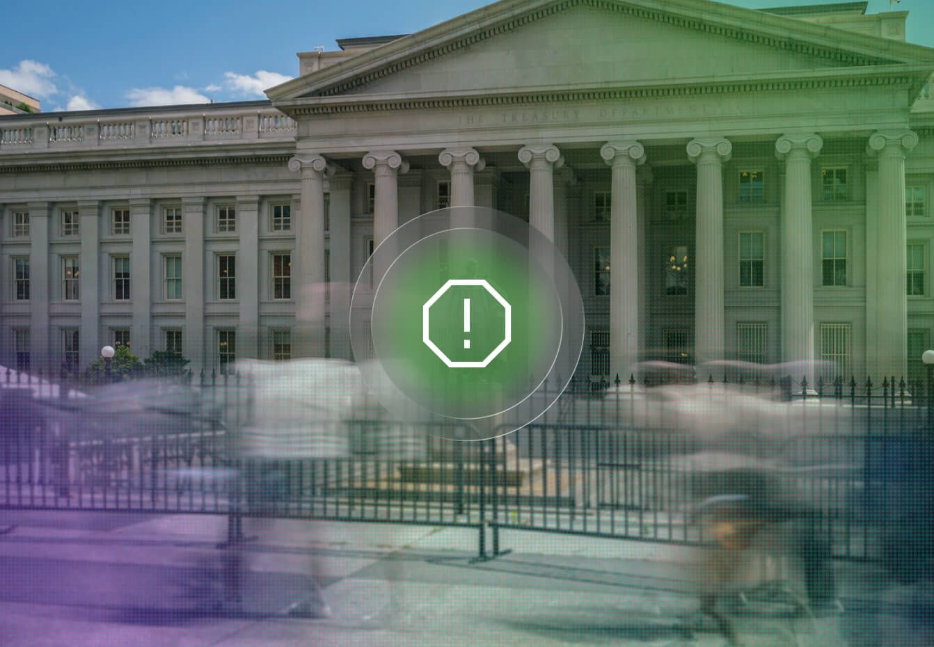 US Treasury Department building with a green warning alert icon overlay, symbolizing cybersecurity risks of rapid government