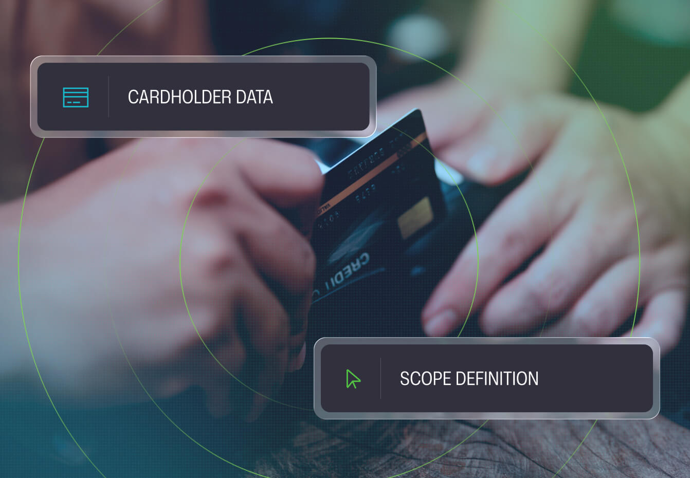 Hands holding a credit card with overlay graphics labeled "Cardholder Data" and "Scope Definition" for PCI compliance.