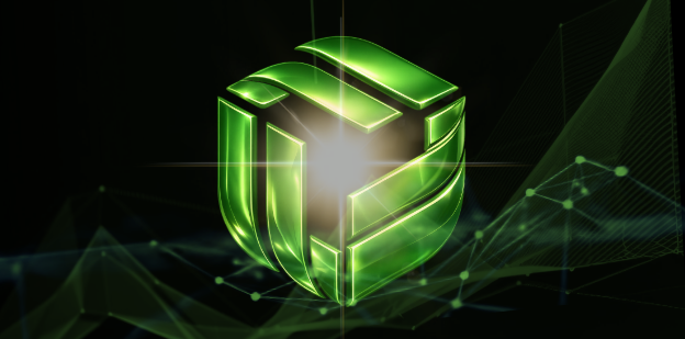 Glowing green geometric cube logo with a bright light burst, set against a dark background with network connection lines.