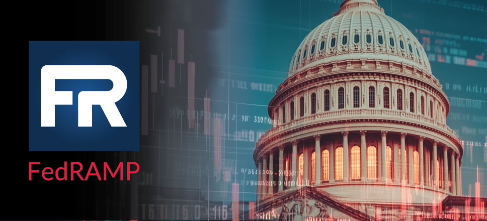 FedRAMP logo beside the U.S. Capitol dome with digital data overlays representing federal cloud security compliance.