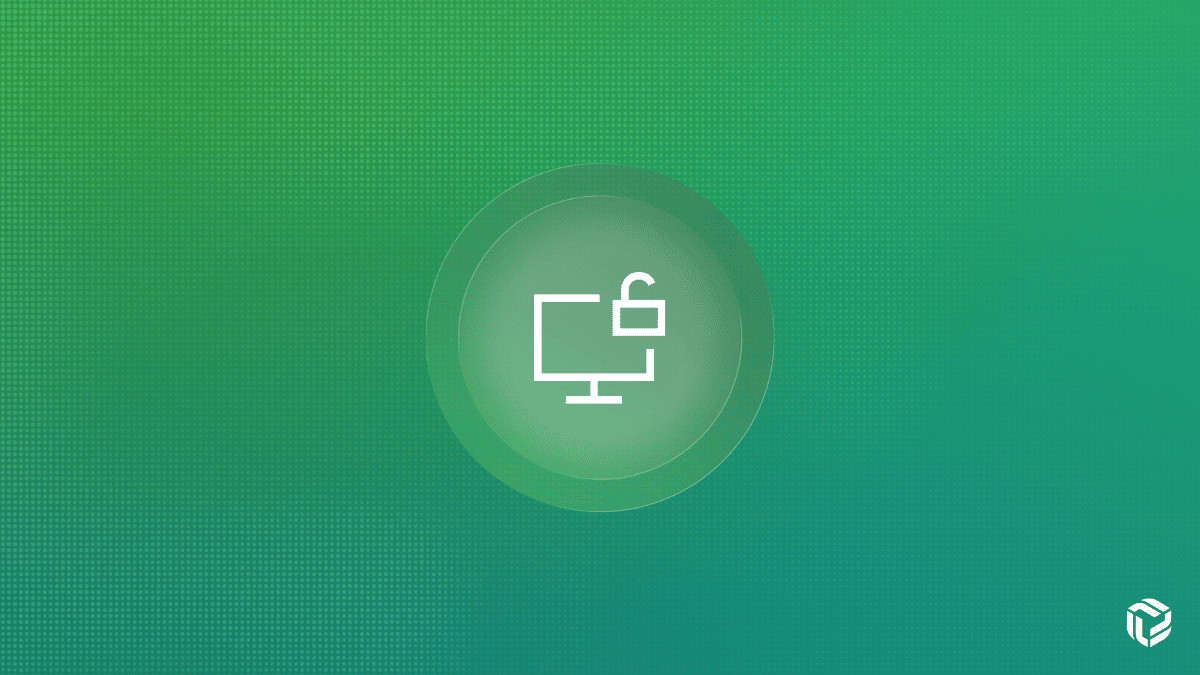 Green gradient graphic featuring a white computer monitor icon with an unlocked padlock symbol inside concentric circles.