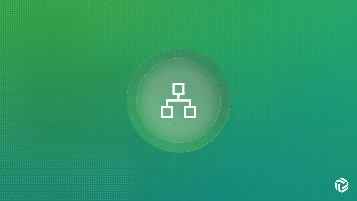 White hierarchical network diagram icon centered within concentric circles on a green gradient background with a small logo