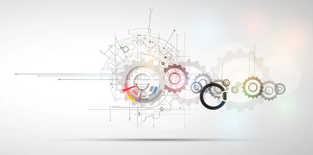 Abstract digital illustration of interconnected gears and technical schematics with colorful light accents on a white