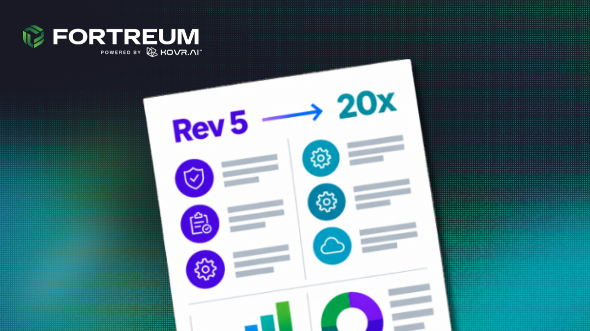 Fortreum infographic comparing Rev 5 and 20x compliance frameworks with purple and teal icons representing security controls.