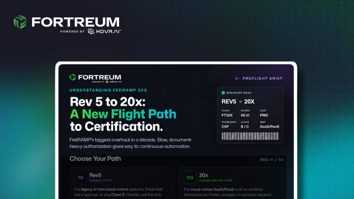 Fortreum infographic comparing FedRAMP Rev5 and 20x certification paths, styled as a boarding pass for cloud compliance.