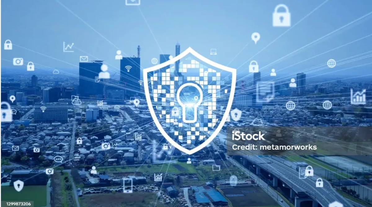Digital cybersecurity shield with keyhole overlaying a cityscape surrounded by network icons representing data protection.